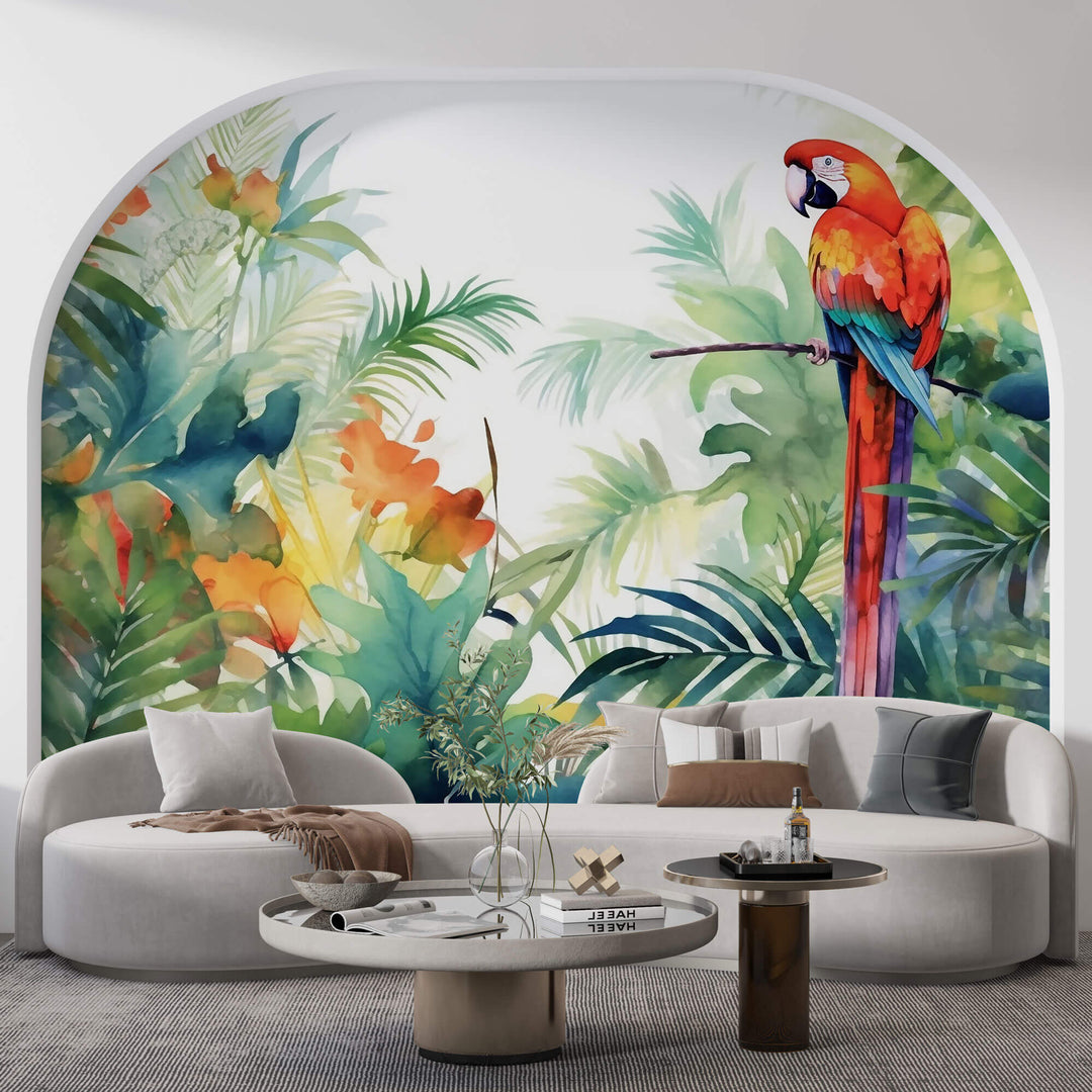 Tapet Personalizat Watercolor cu peisaj tropical cu papagal colorat - EXOTIC WATERCOLOR PARROT