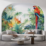Tapet Personalizat Watercolor cu peisaj tropical cu papagal colorat - EXOTIC WATERCOLOR PARROT