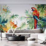 Tapet Personalizat Watercolor cu peisaj tropical cu papagal colorat - EXOTIC WATERCOLOR PARROT