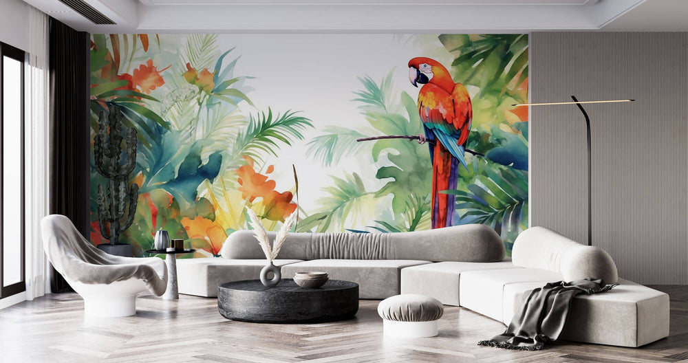 Tapet Personalizat Watercolor cu peisaj tropical cu papagal colorat - EXOTIC WATERCOLOR PARROT