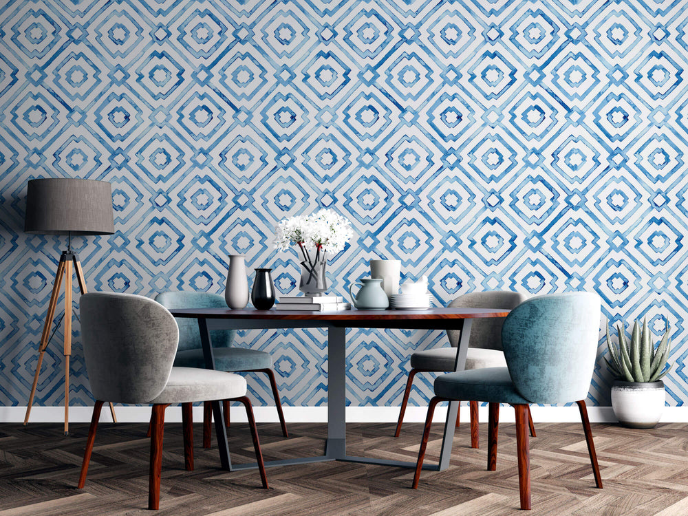 Tapet Personalizat Patterns cu motive in stil portughez in nuante de albastru watercolor - BLUE PORTUGUESE PATTERN