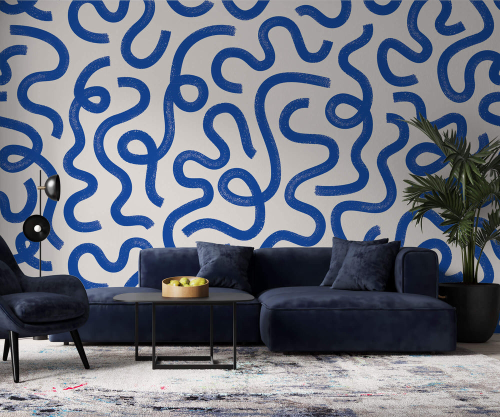 Tapet Personalizat Patterns cu dungi abstracte in nuante de albastru - BLUE DOODLE