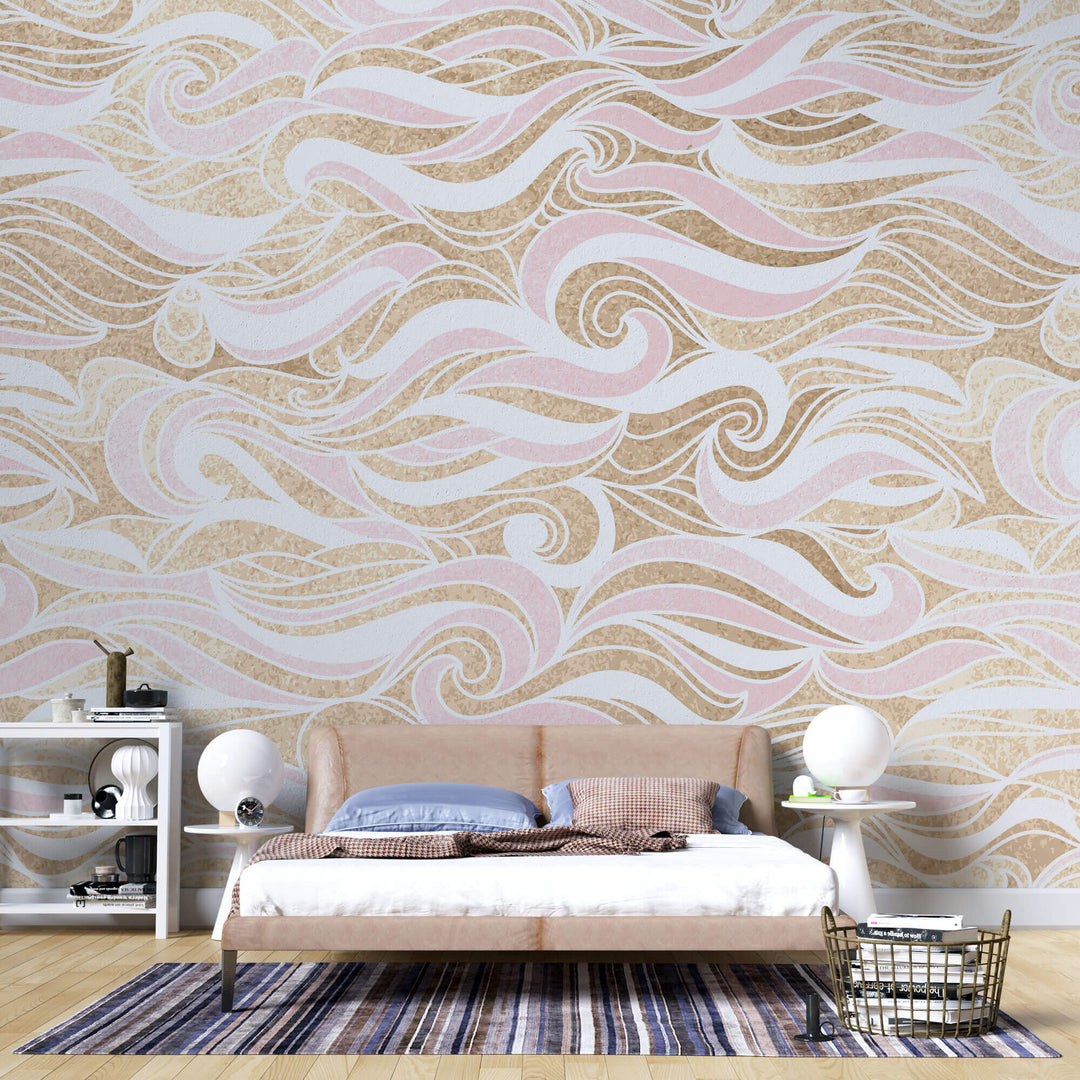 Tapet Personalizat Patterns forme abstracte in nuante de roz si fundal bej texturat - PINK ABSTRACT WAVES