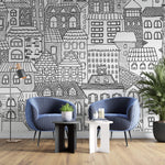 Tapet Personalizat Patterns cu cladiri desenate in alb negru - BUILDINGS SKETCH