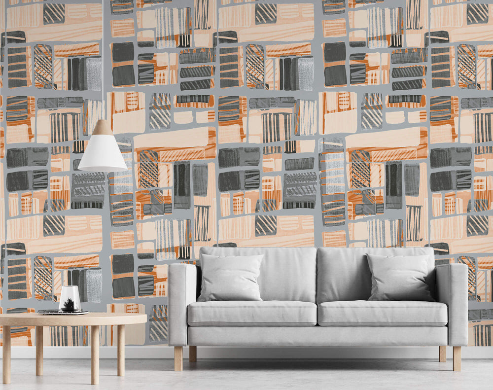 Tapet Personalizat Patterns cu model abstract in nuante gri si portocalii - PAINTED ABSTRACT