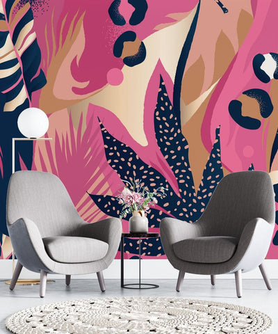 tapet personalizat abstract cu forme abstracte in nuante de roz tropical aducand o explozie de culoare si energie tropical pink