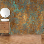 Tapet personalizat abstract cu o textura de piatra aramie cu accente turcoaz oferind un aspect industrial si artistic rusty turquoise