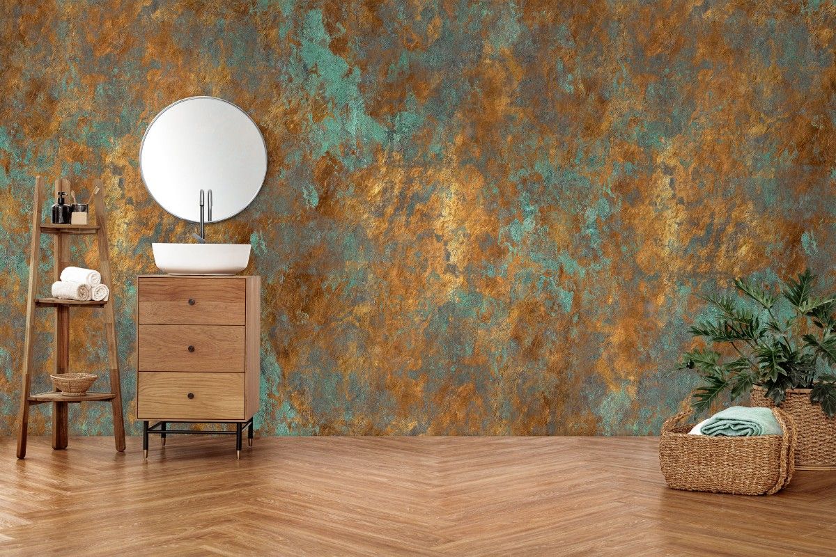 tapet personalizat abstract cu o textura de piatra aramie cu accente turcoaz oferind un aspect industrial si artistic rusty turquoise
