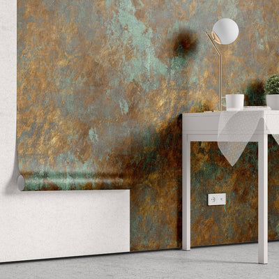 tapet personalizat abstract cu o textura de piatra aramie cu accente turcoaz oferind un aspect industrial si artistic rusty turquoise