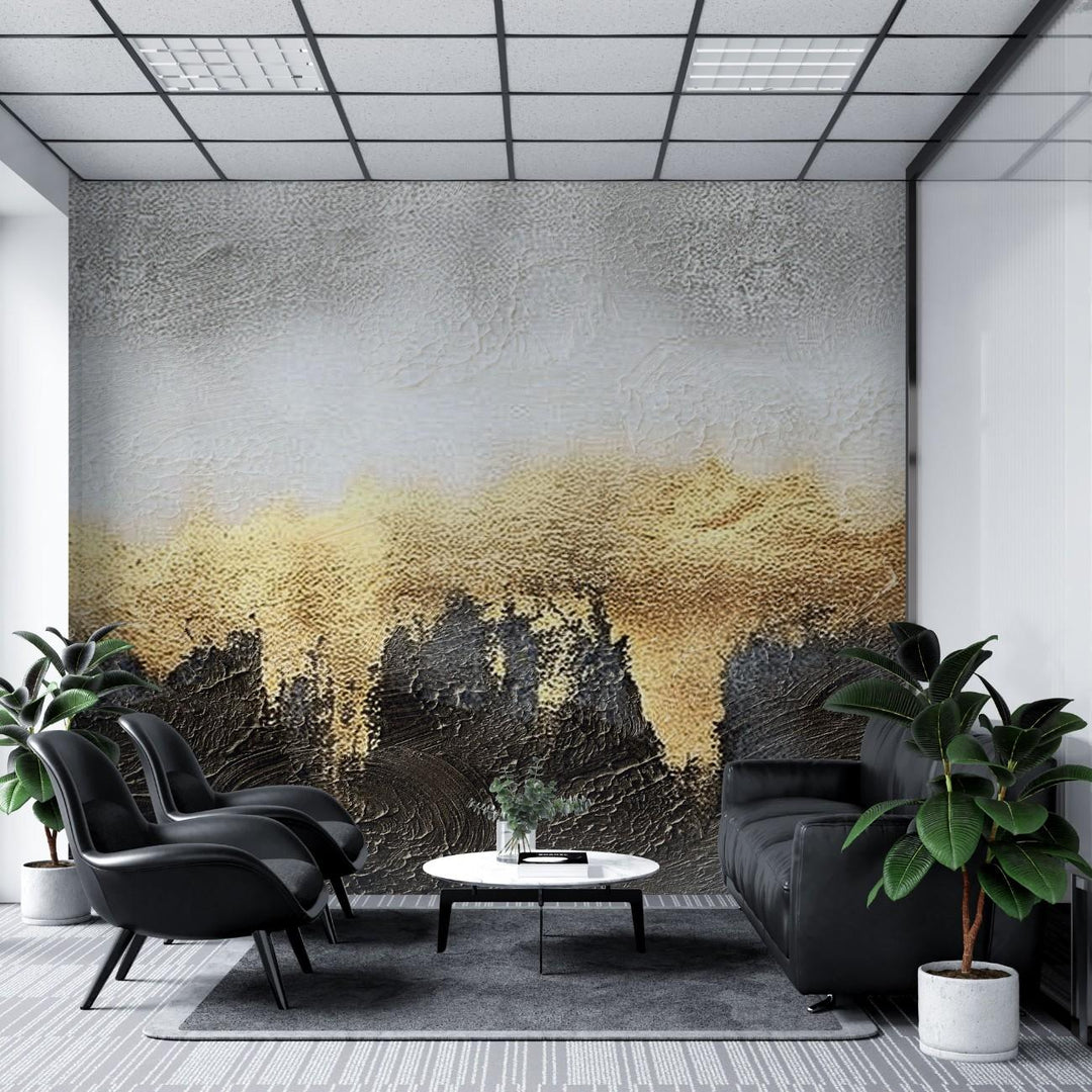 Tapet personalizat abstract cu un efect estompat de auriu si carbune creand o atmosfera misterioasa si eleganta blurry gold charcoal