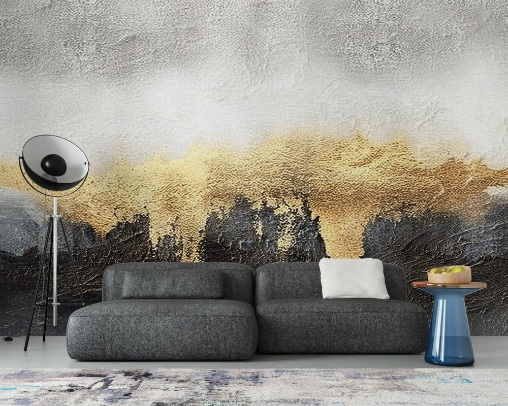 Tapet personalizat abstract cu un efect estompat de auriu si carbune creand o atmosfera misterioasa si eleganta blurry gold charcoal