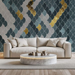Tapet Personalizat Abstract cu solzi abstracti in nuante de gri albastru si auriu - BLUE GOLDEN FLAKES