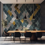 Tapet Personalizat Abstract cu solzi abstracti in nuante de gri albastru si auriu - BLUE GOLDEN FLAKES