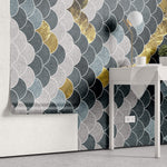 Tapet Personalizat Abstract cu solzi abstracti in nuante de gri albastru si auriu - BLUE GOLDEN FLAKES
