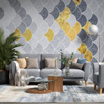 Tapet Personalizat Abstract cu solzi abstracti in nuante de gri si auriu - GREY GOLDEN FLAKES