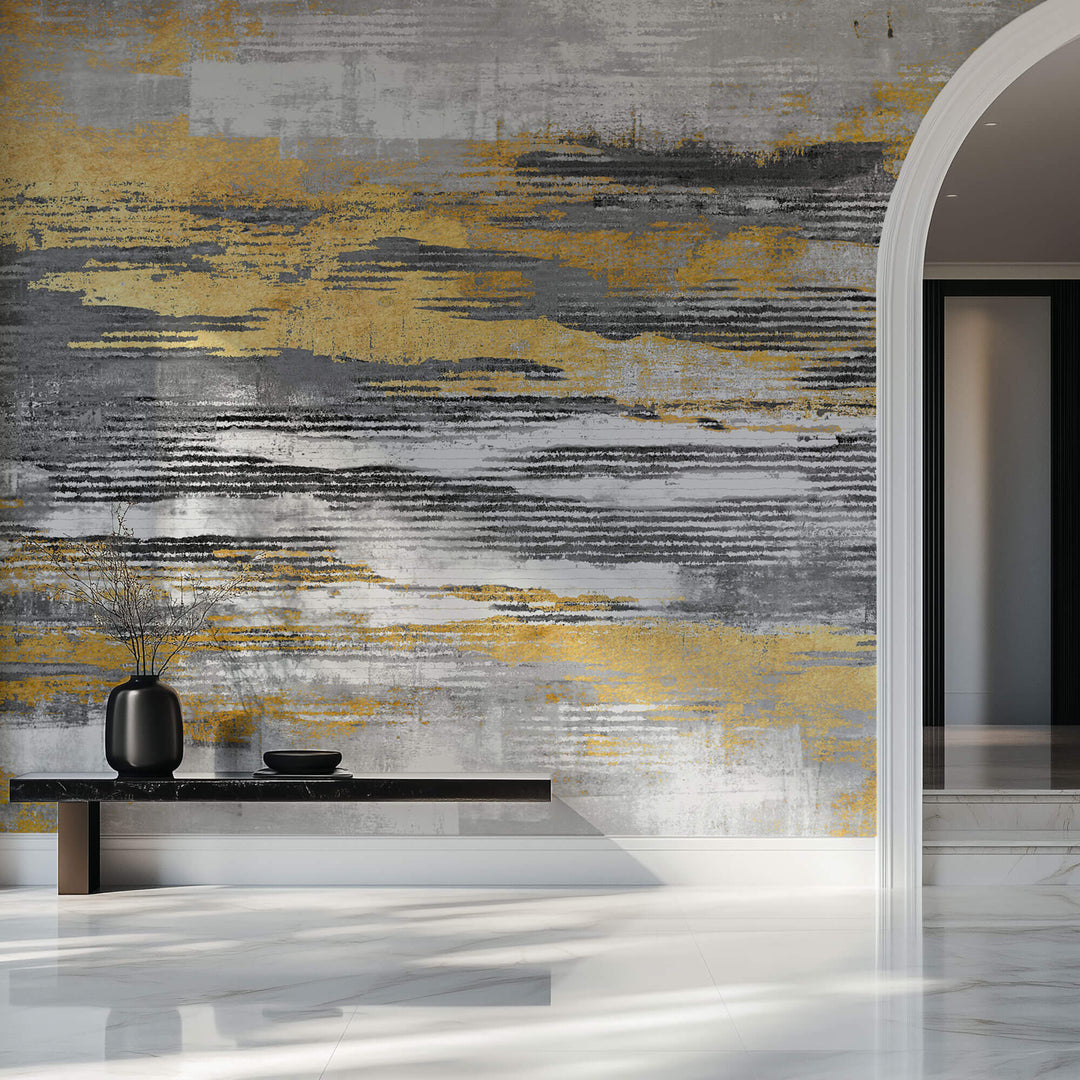 Tapet Personalizat Abstract cu plaster decorativ in nuante de gri si auriu - STRIPE PLASTER