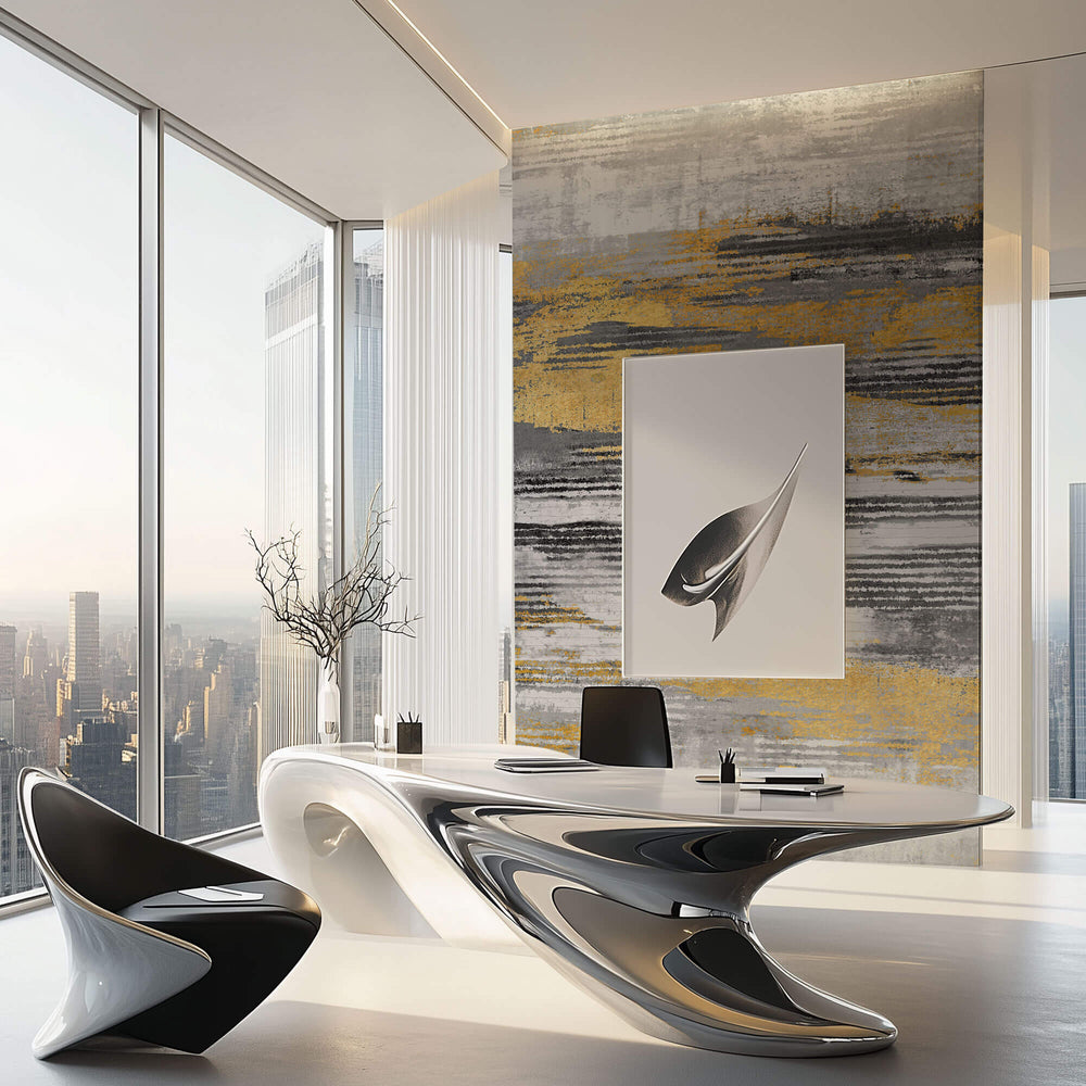 Tapet Personalizat Abstract cu plaster decorativ in nuante de gri si auriu - STRIPE PLASTER