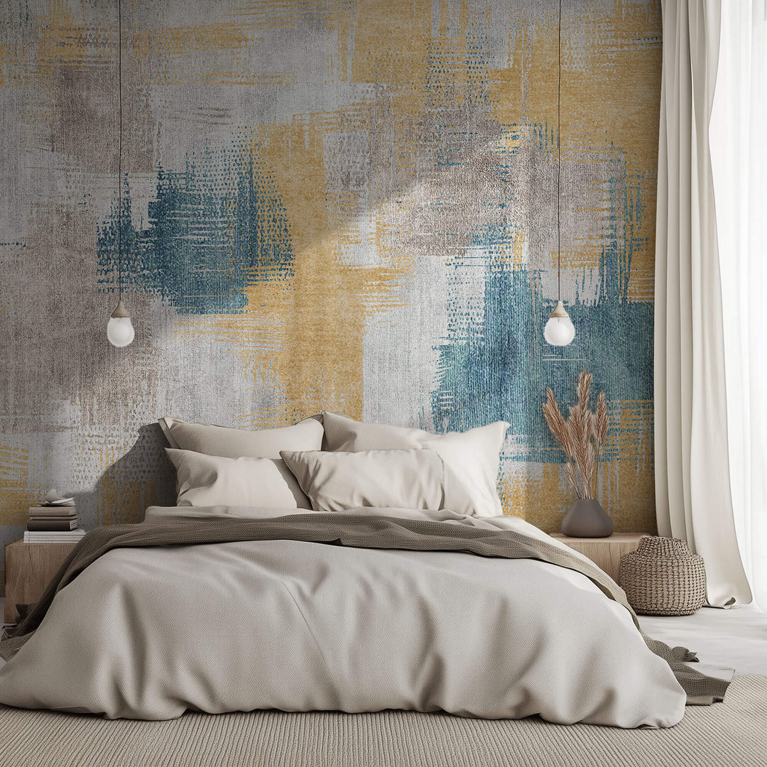 Tapet Personalizat Abstract cu mix de texturi in nuante albastre si aurii - PAINTED TEXTILE