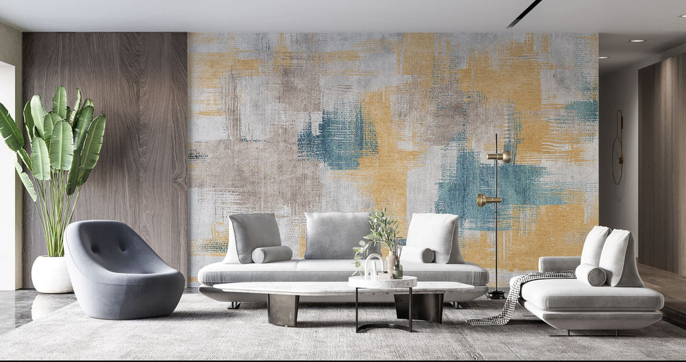 Tapet Personalizat Abstract cu mix de texturi in nuante albastre si aurii - PAINTED TEXTILE