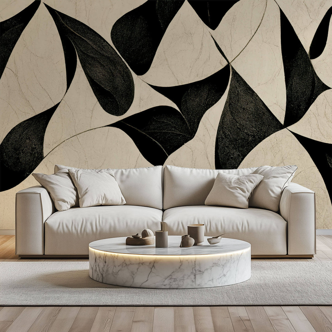 Tapet Personalizat Abstract cu design estetic modern cu frunze negre si fundal crem - ABSTRACT BLACK LEAVES