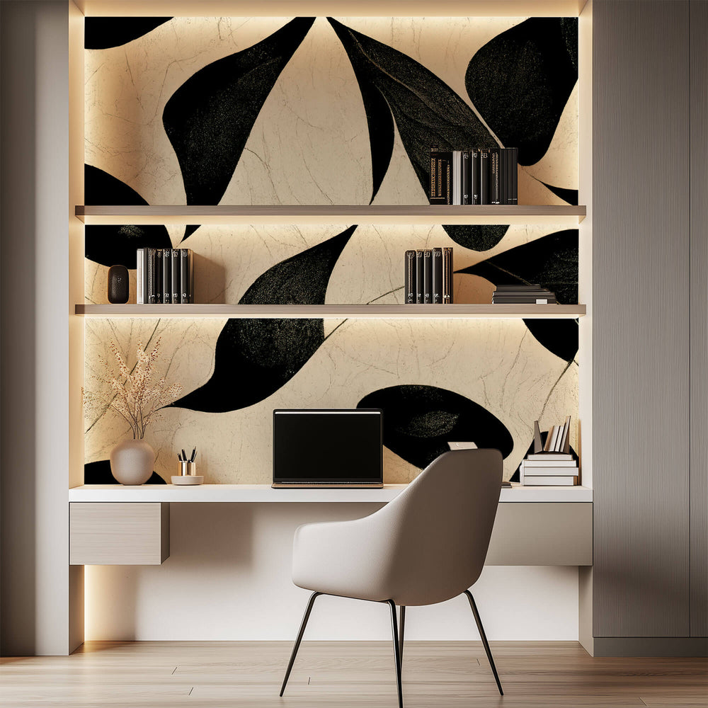 Tapet Personalizat Abstract cu design estetic modern cu frunze negre si fundal crem - ABSTRACT BLACK LEAVES