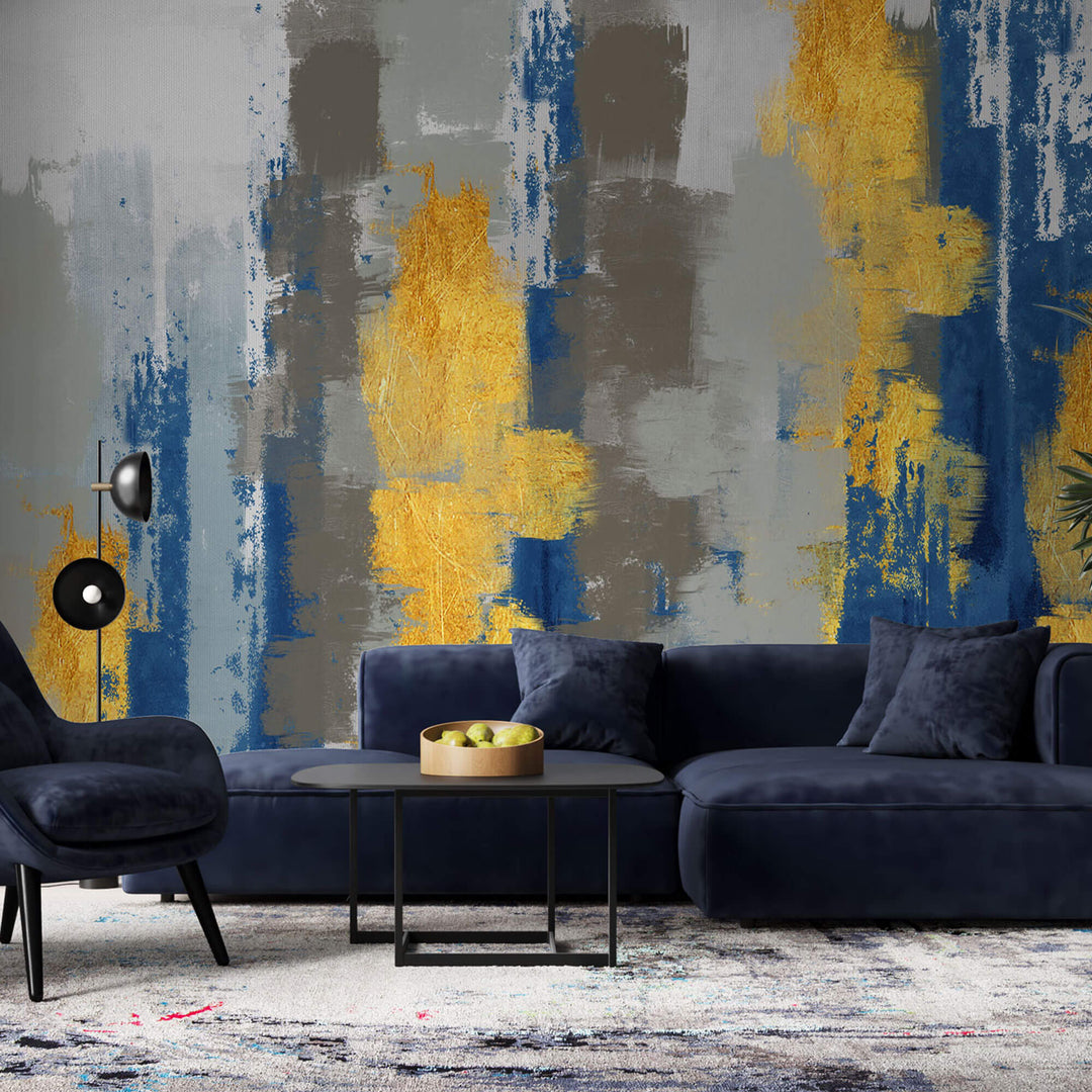 Tapet Personalizat Abstract cu fundal de canvas pictat cu nuante de albastru si auriu - TOUCH PAINT