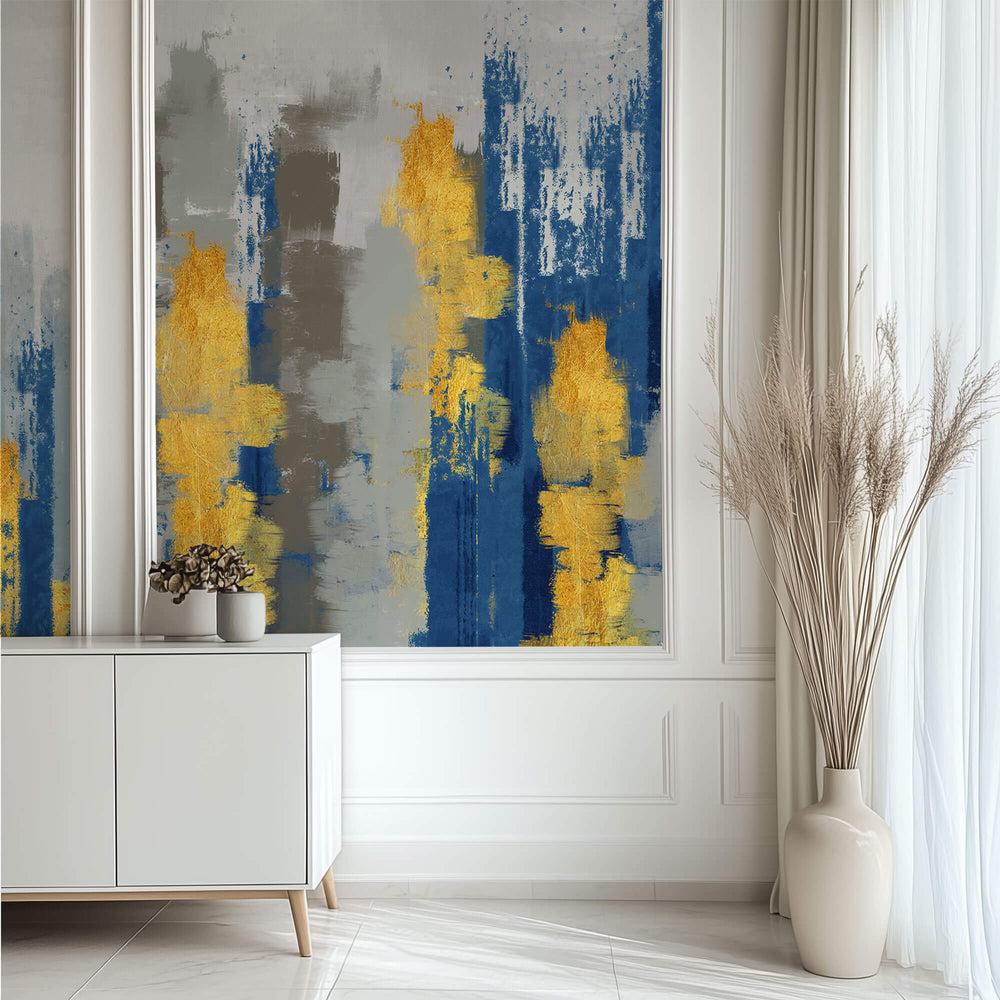 Tapet Personalizat Abstract cu fundal de canvas pictat cu nuante de albastru si auriu - TOUCH PAINT