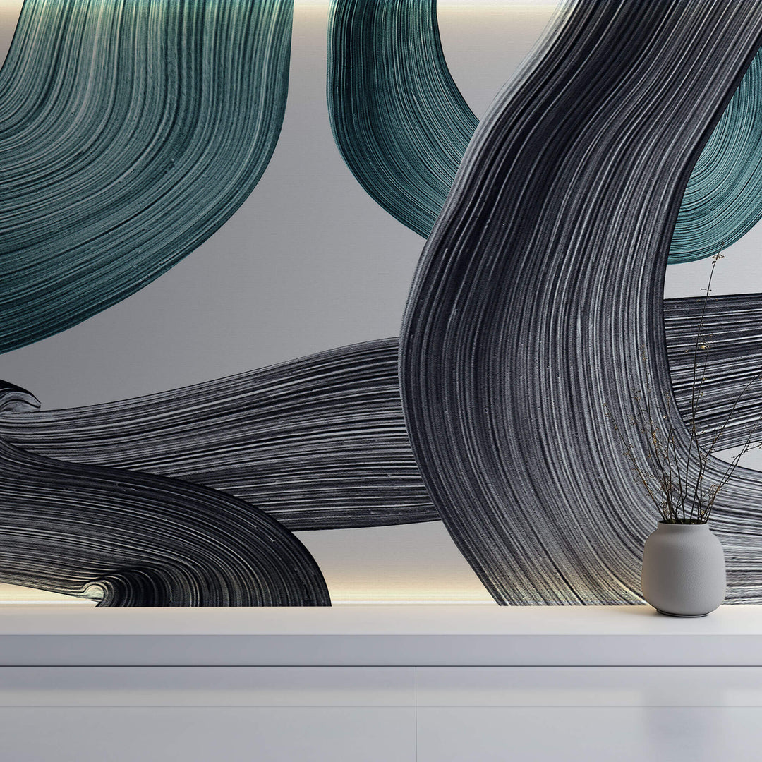 Tapet Personalizat Abstract cu urme de pensula in nuante de acril negru si turcoaz - CLEAR STROKES