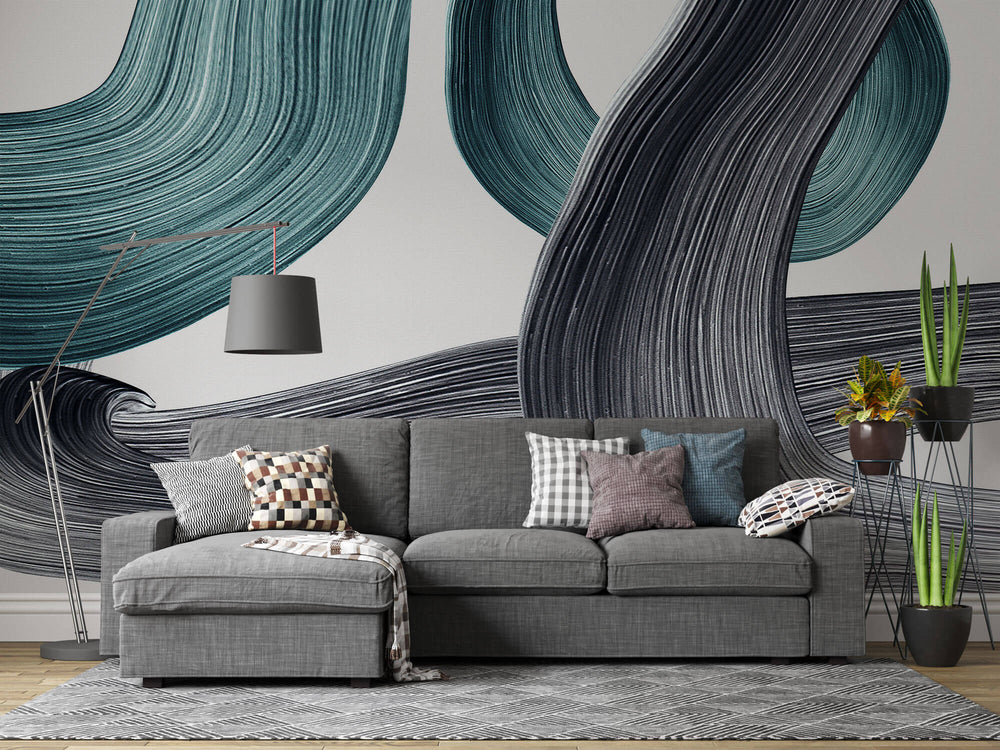 Tapet Personalizat Abstract cu urme de pensula in nuante de acril negru si turcoaz - CLEAR STROKES