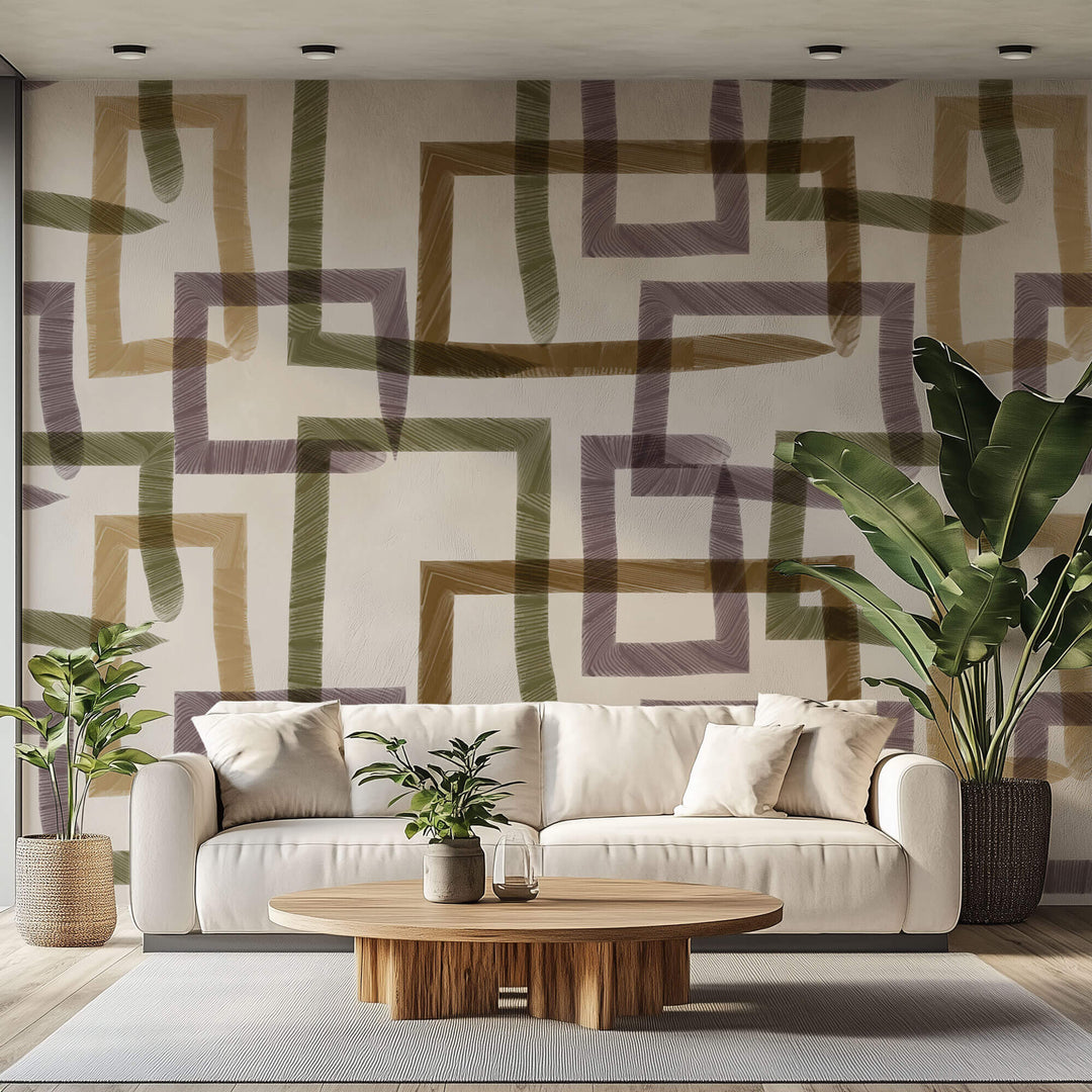 Tapet Personalizat Abstract cu dreptunghiuri texturate in nuante maronii verzi si mov - CHAIN PAINT