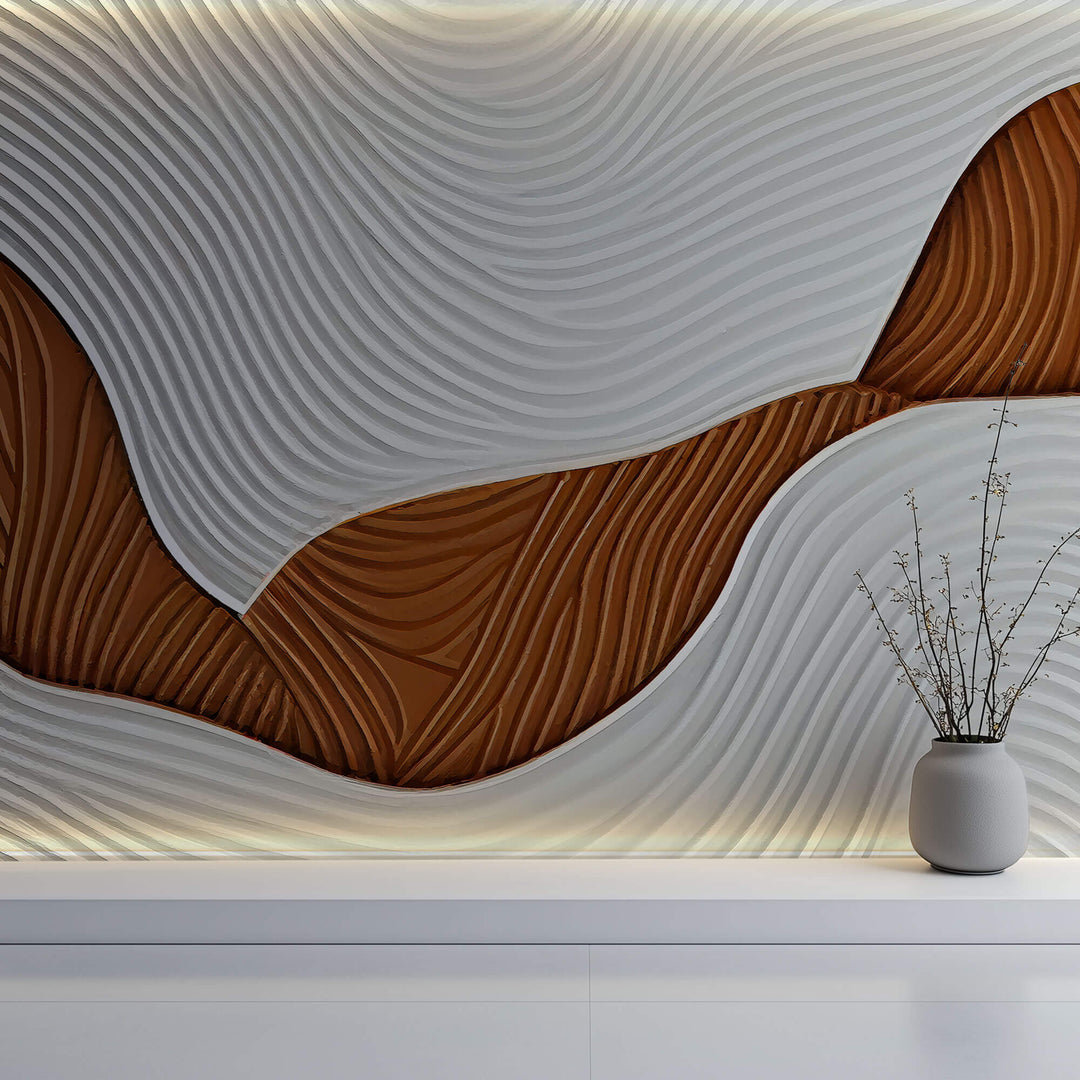 Tapet Personalizat Abstract cu plaster texturat in nuante de alb si caramiziu - ACRYLIC TEXTURED ART