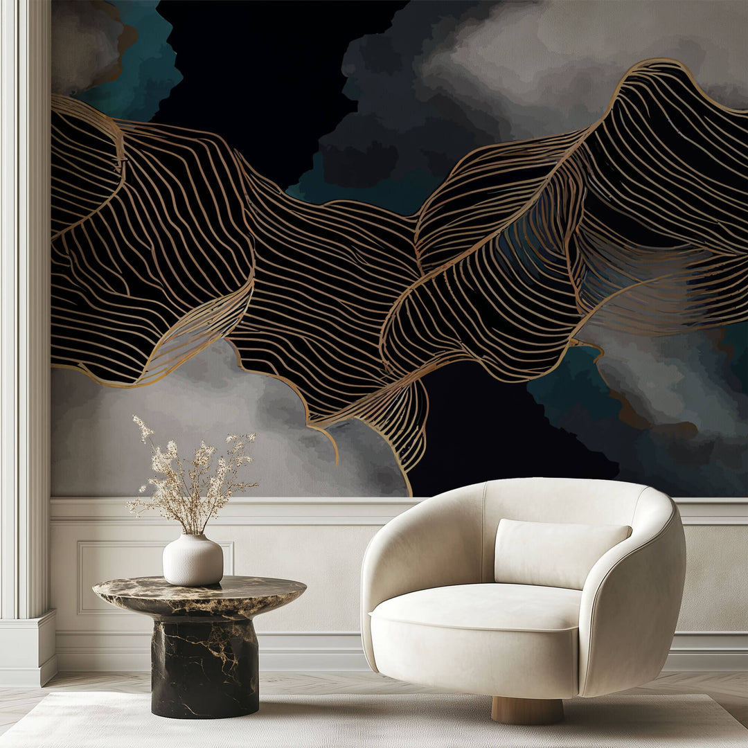 Tapet Personalizat Abstract cu nori si insertii aurii - MIDNIGHT WAVES