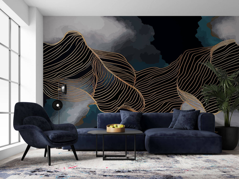 Tapet Personalizat Abstract cu nori si insertii aurii - MIDNIGHT WAVES