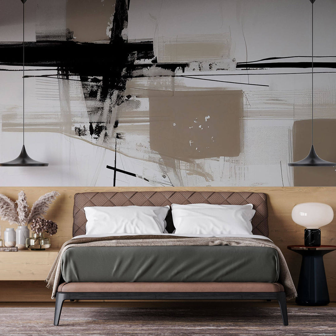 Tapet Personalizat Abstract cu arta expresiva in nuante de bej si negru - NEUTRAL CANVAS