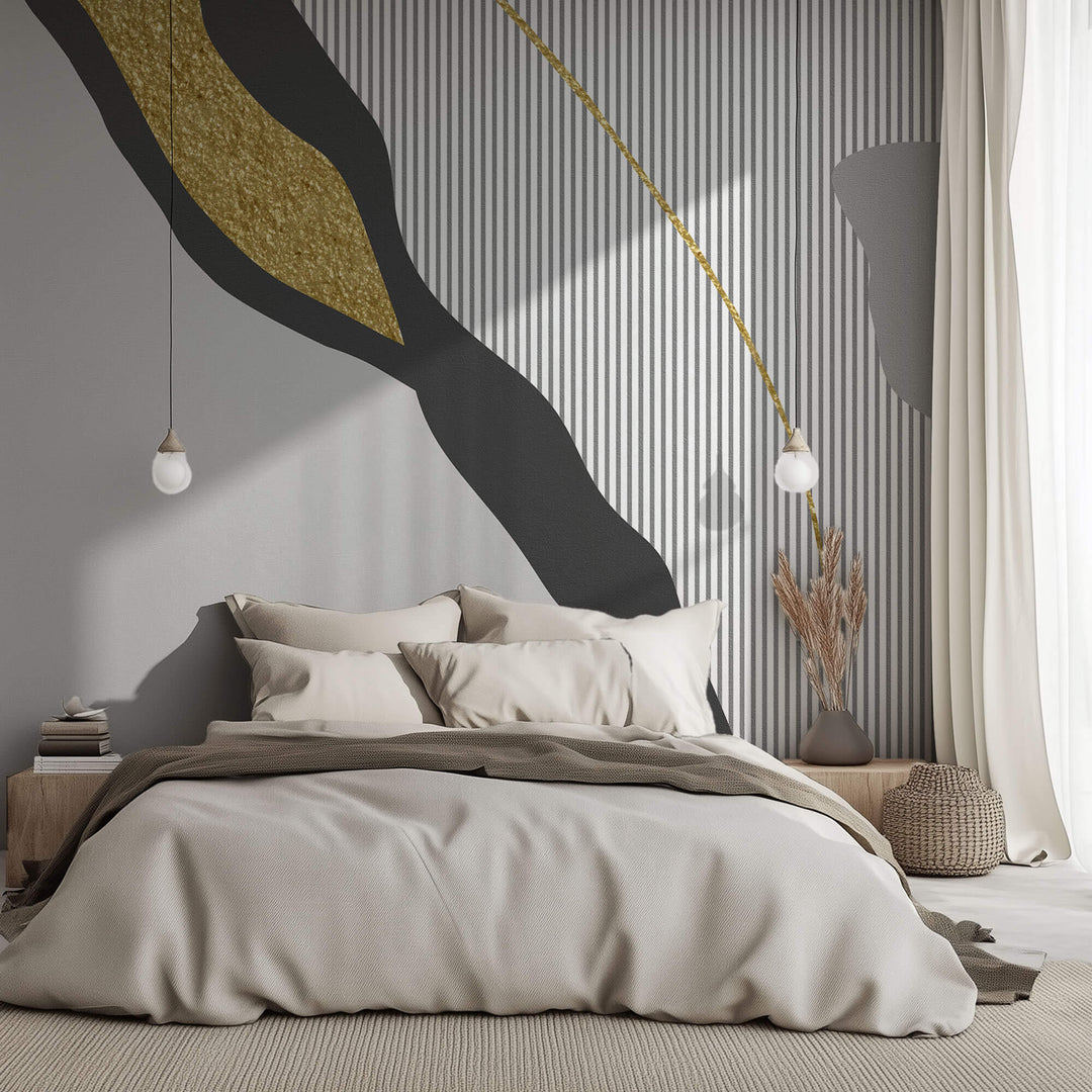 Tapet Personalizat Abstract cu elemente intr-o incadrare eleganta abstracta in nuante de gri si insertii aurii cu fundal texturat uniform - MODERN ELEGANCE