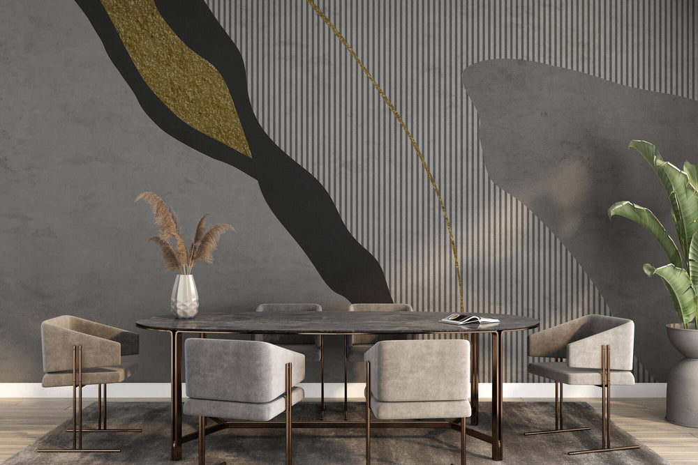 Tapet Personalizat Abstract cu elemente intr-o incadrare eleganta abstracta in nuante de gri si insertii aurii cu fundal texturat uniform - MODERN ELEGANCE