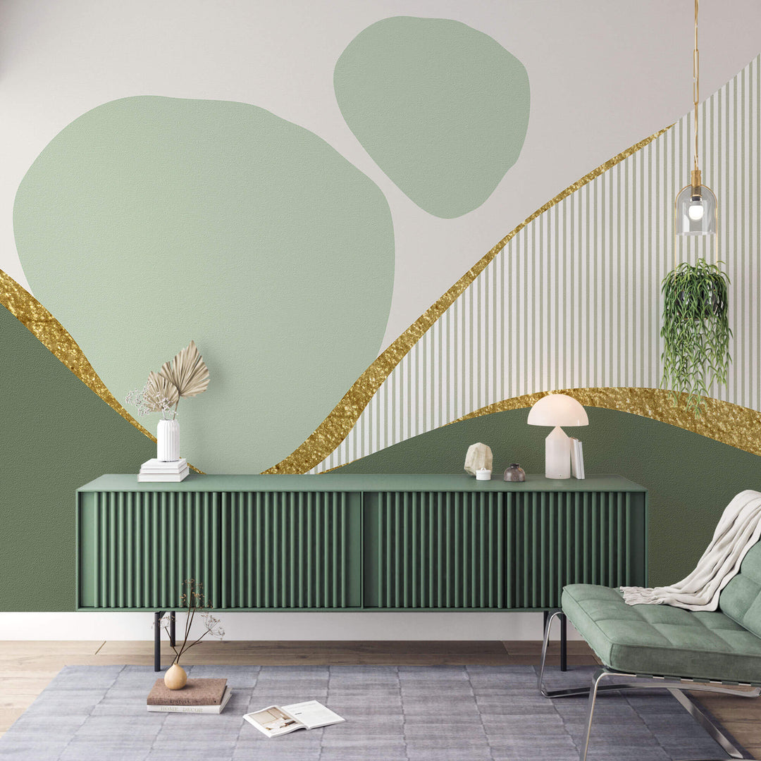 Tapet Personalizat Abstract cu elemente abstracte in nuante de verde si insertii aurii cu fundal texturat uniform - SAGE DECORATIVE WALL