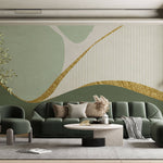 Tapet Personalizat Abstract cu elemente abstracte in nuante de verde si insertii aurii cu fundal texturat uniform - SAGE DECORATIVE WALL