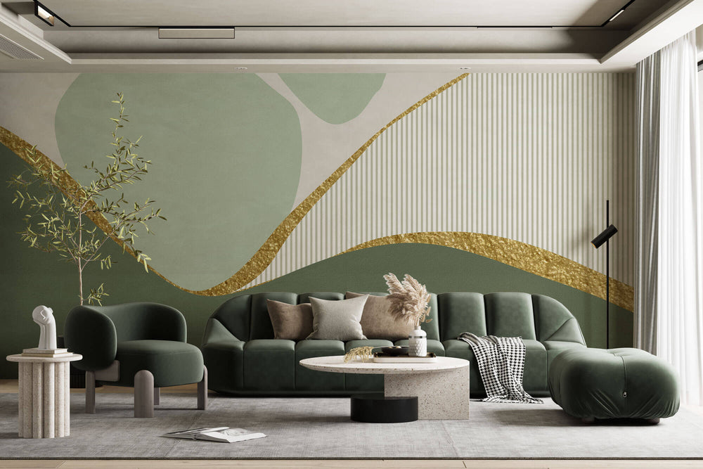 Tapet Personalizat Abstract cu elemente abstracte in nuante de verde si insertii aurii cu fundal texturat uniform - SAGE DECORATIVE WALL