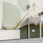 Tapet Personalizat Abstract cu elemente abstracte in nuante de verde si insertii aurii cu fundal texturat uniform - SAGE DECORATIVE WALL