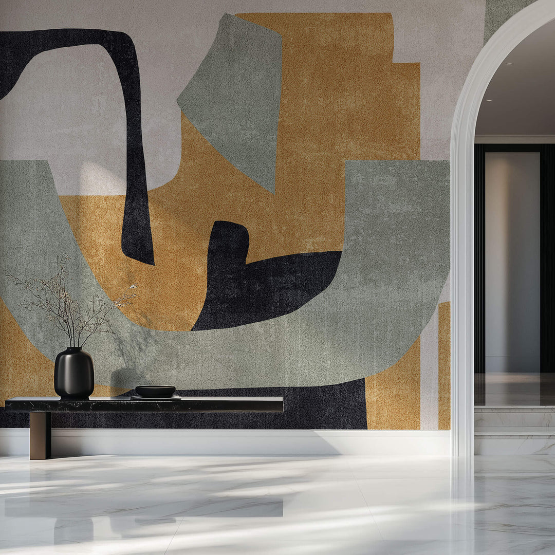 Tapet Personalizat Abstract cu forme abstracte si textura in nuante de galben si verde 1 - ABSTRACT MUSTARD SAGE I