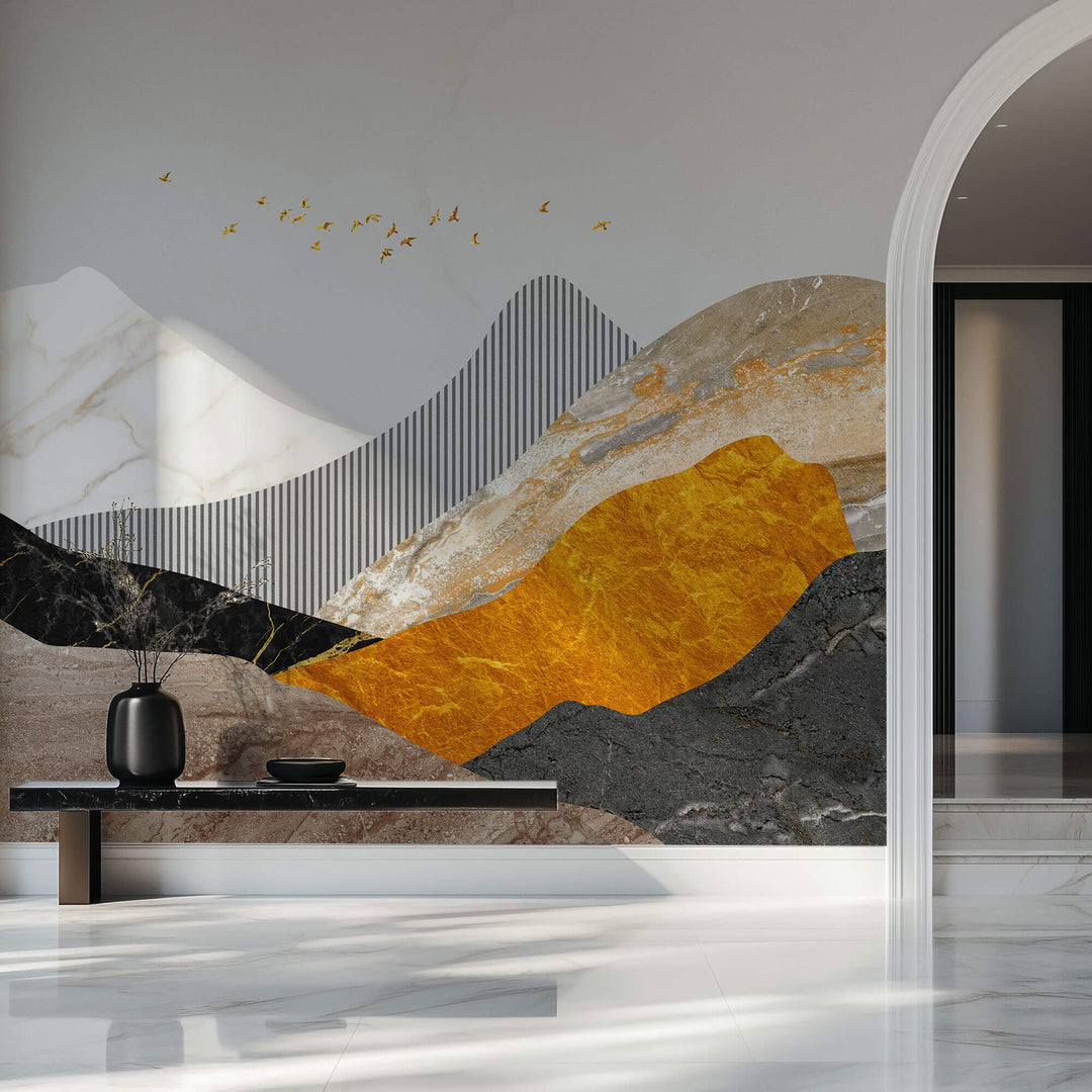 Tapet Personalizat Abstract cu munti cu mix de textura de roca si marmura si insertii aurii - MOUNTAIN OF TEXTURES