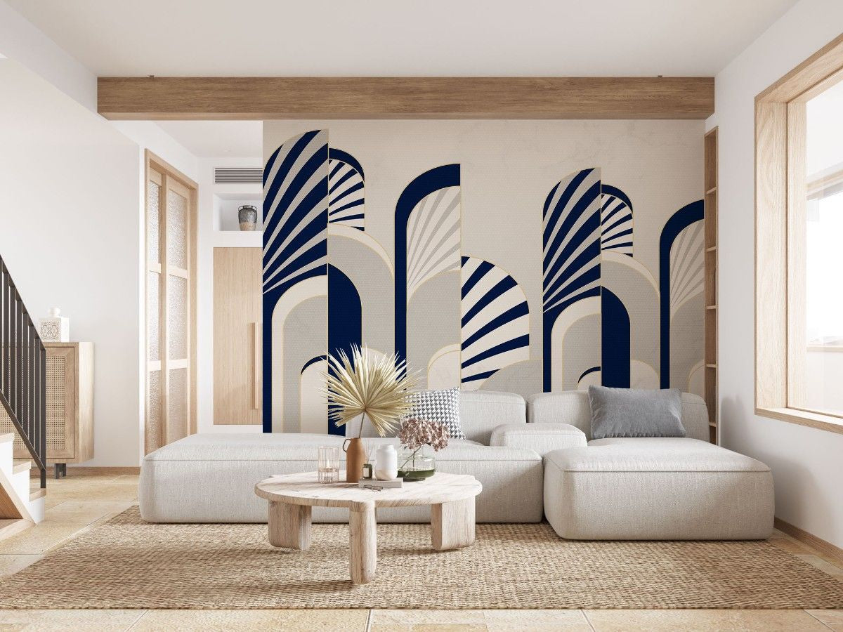 tapet personalizat art deco cu arcade specifice stilului care combina eleganta art deco cu simplitatea stilului modern si al contrastului indraznet de culoare