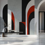 Tapet Personalizat Art Deco cu structuri de arcade in nuante de negru si rosu i fundal texturat - BACCARAT ROUGE