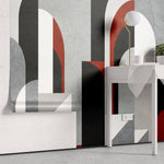 Tapet Personalizat Art Deco cu structuri de arcade in nuante de negru si rosu i fundal texturat - BACCARAT ROUGE