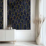 Tapet Personalizat Art Deco arcade cu contur auriu pe un fundal albastru texturat - MIDNIGHT MERMAID
