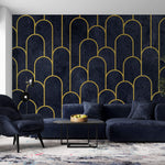 Tapet Personalizat Art Deco arcade cu contur auriu pe un fundal albastru texturat - MIDNIGHT MERMAID