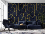 Tapet Personalizat Art Deco arcade cu contur auriu pe un fundal albastru texturat - MIDNIGHT MERMAID