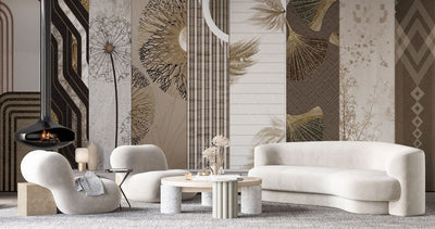 tapet personalizat eclectic cu selectie de elemente in tonuri calde de bejuri si maro combinate intr o selectie indrazneata