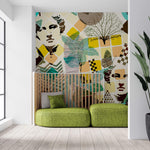 Tapet Personalizat Eclectic cu amestec de elemente de sculptura si natura in nuante vibrante de galben si turcoaz - TURQUOISE ECLECTIC
